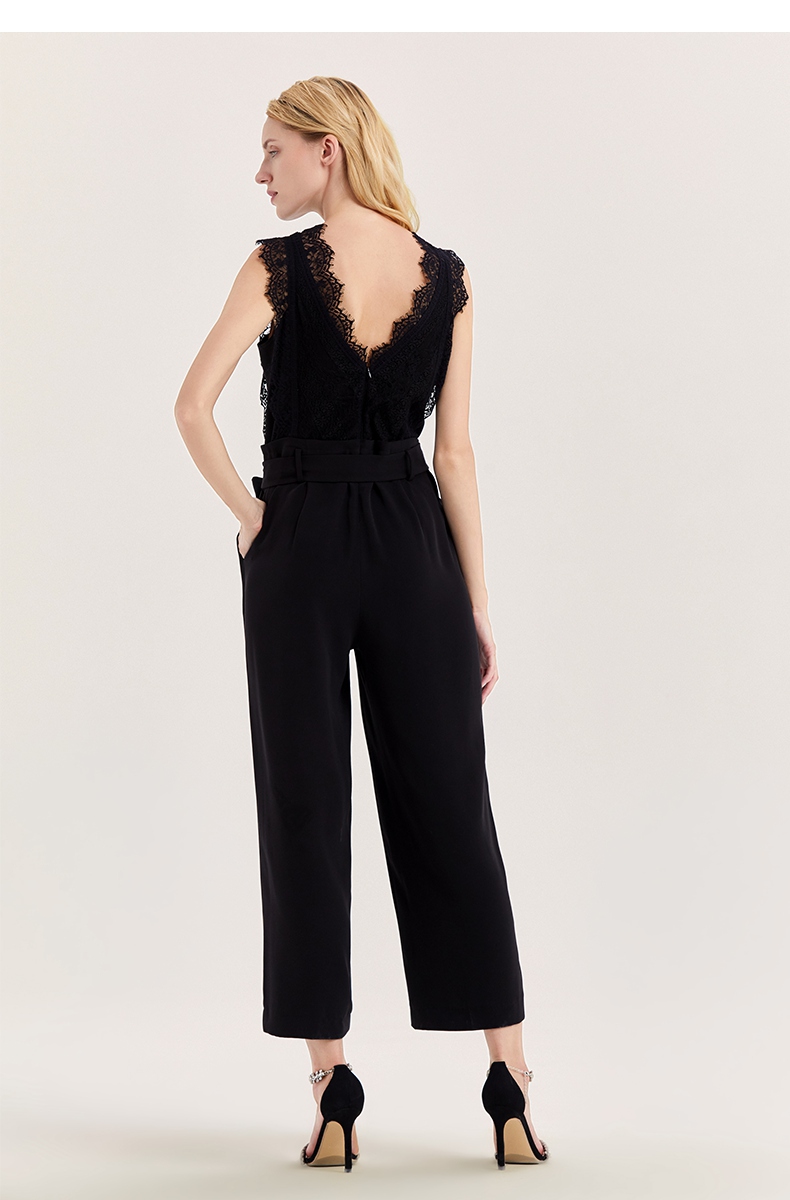 five plus2021新款5 女装v领无袖连体裤子女拼接蕾丝高腰直筒长裤