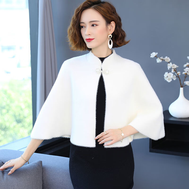 水貂绒披肩外套女斗篷短款秋冬2020时尚刺绣搭配旗袍外搭加厚p1 黑色