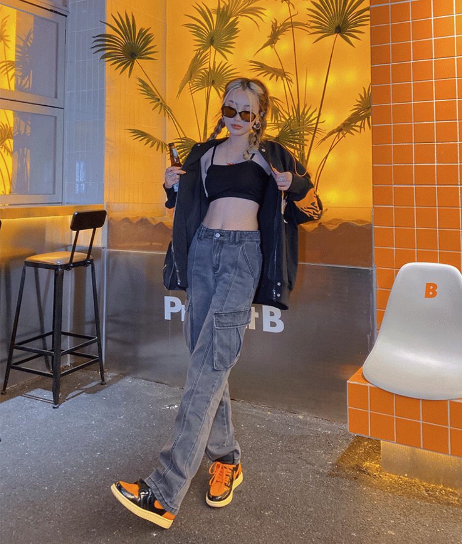 vibe风高街辣妹工装牛仔裤女复古炸街高腰直筒宽松显瘦老爹长裤潮灰色