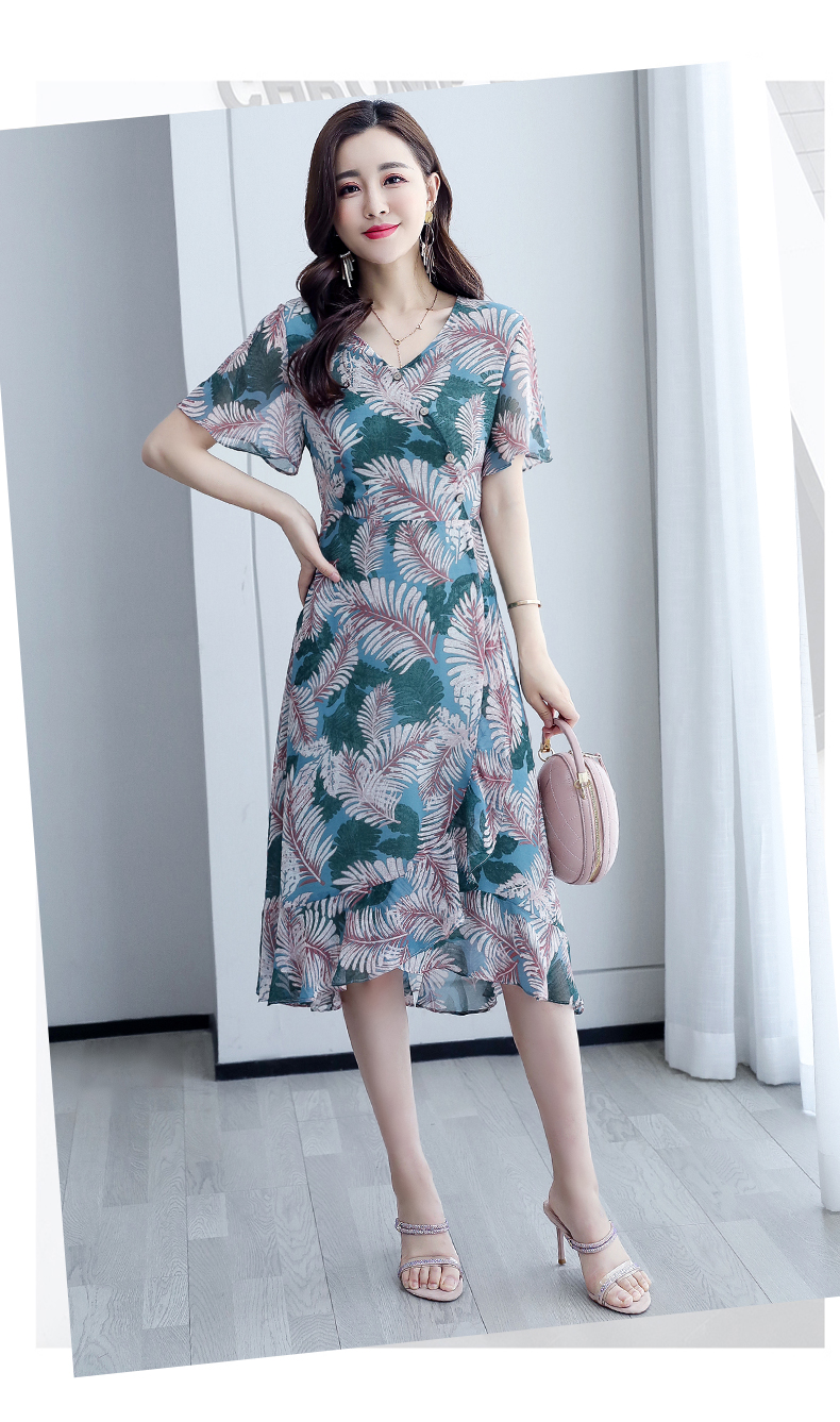 伶婉2021夏款新品女装雪纺树叶花连衣裙女夏季新款短袖收腰显瘦气质小