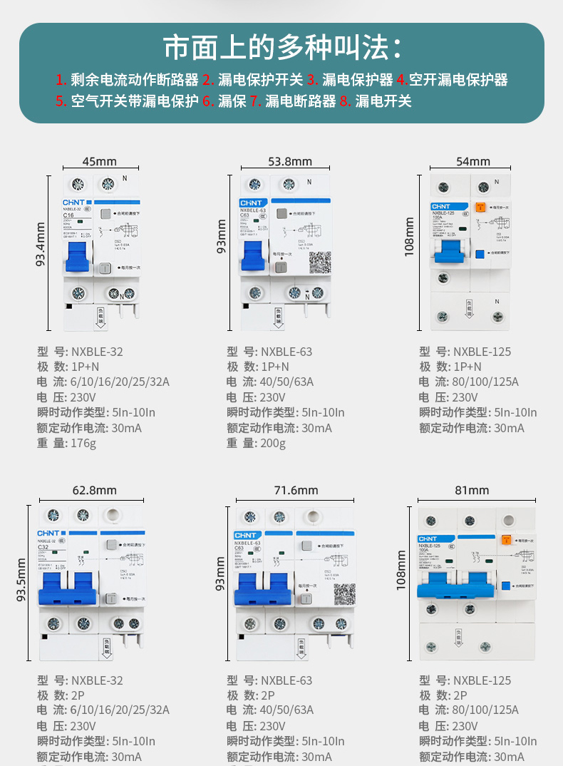 空气开关型号参数表图片