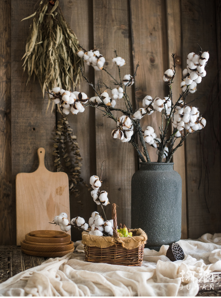 掬涵 天然棉桃仿真棉花枝花艺套装场景搭配道具ins杂货干花 黑釉花壶