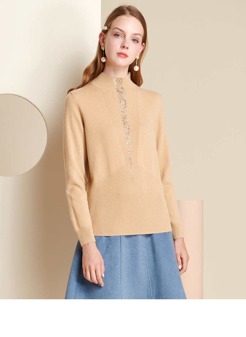 贝加尔半高领打底羊绒衫女套头黑色针织衫秋冬时尚水钻领毛衣黑色s95