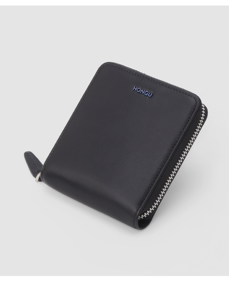 hongu红谷钱包男2021新款精品短款横款牛皮拉链时尚商务漆黑
