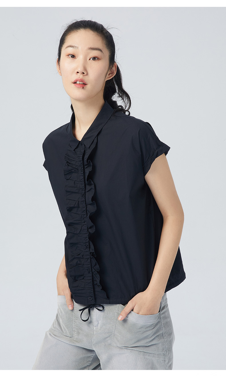 斯琴2021夏季新品女纯棉休闲宽松连袖抽绳木耳边衬衫上衣baxs022 黑色