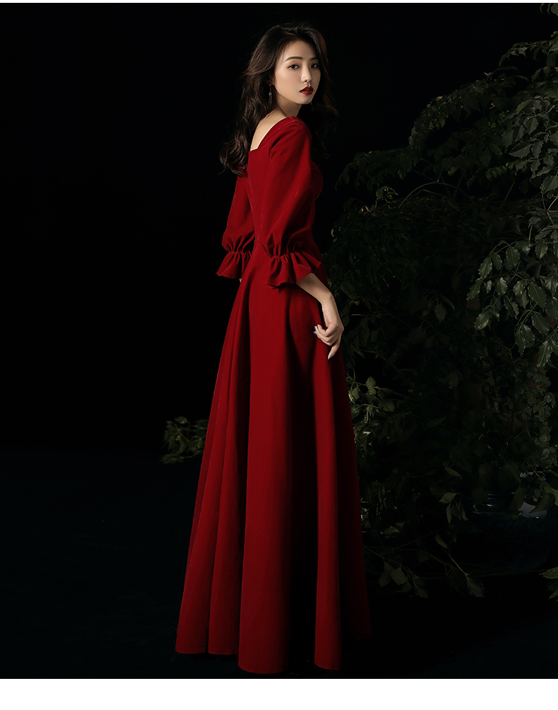 结婚礼服女冬天新娘女订婚回门酒红色晚礼服裙七分袖秋冬连衣裙大气