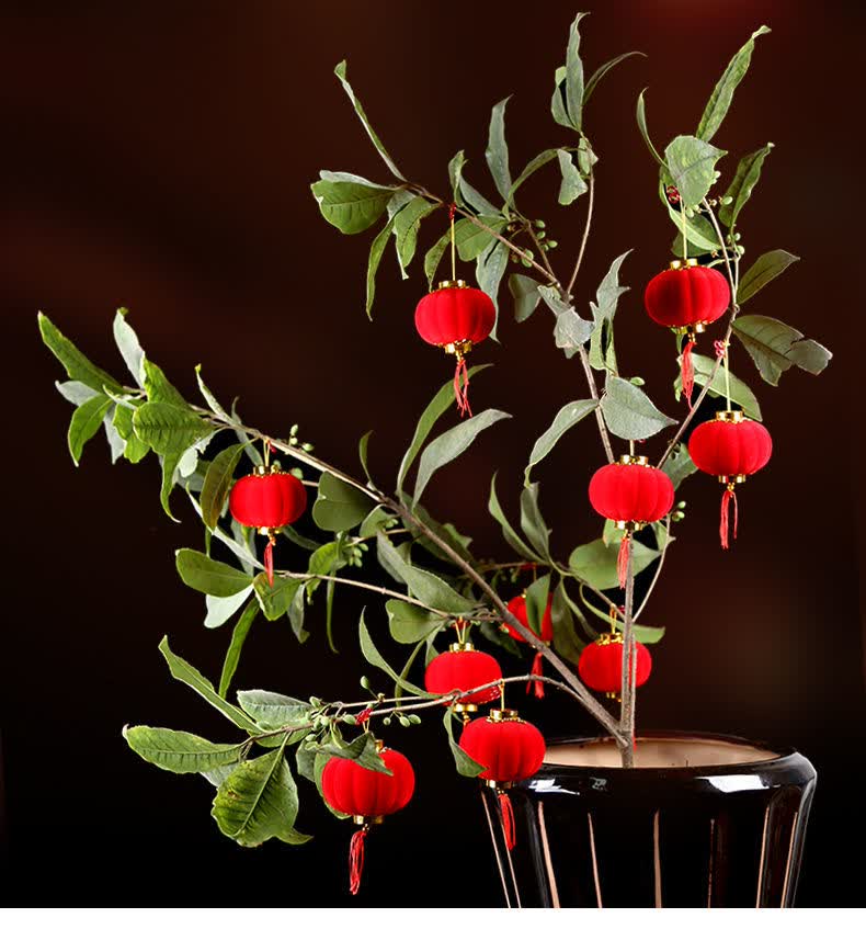 批发植绒小灯笼挂饰盆景室内户外装饰灯笼红灯笼春节年货新年装饰6号