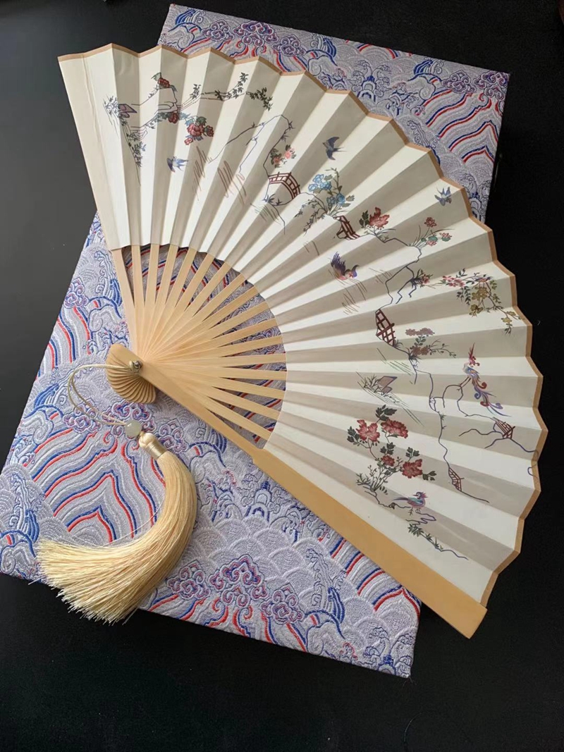 京固折扇古风男女宣纸原创孔府花鸟裙图案花鸟折扇子宣纸双面复古风