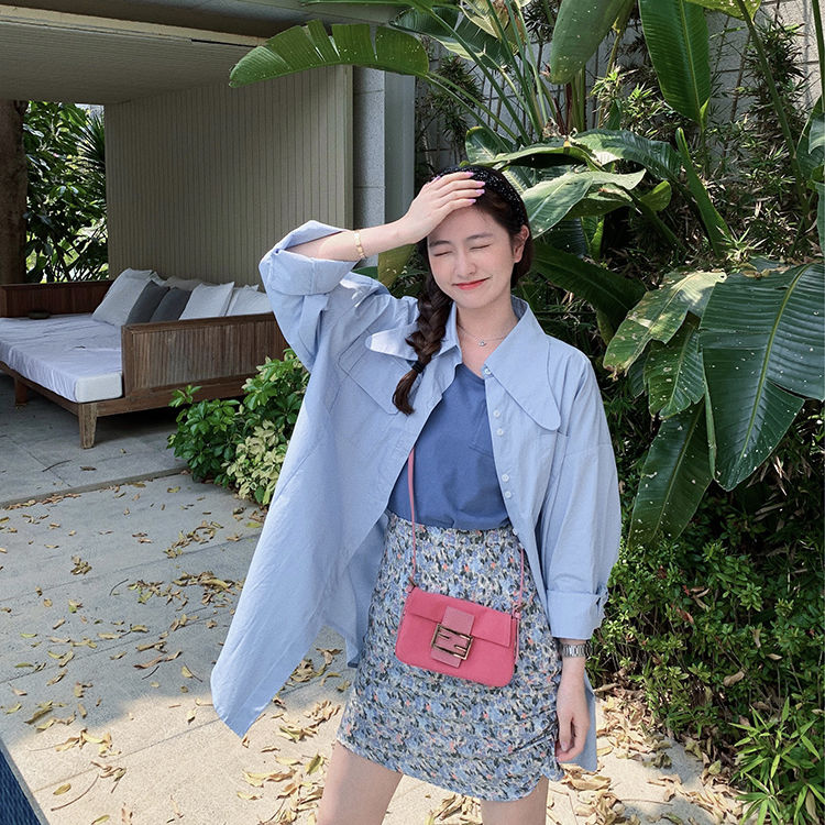 muchen秋季油画碎花短裙女字高腰修身短款不规则抽皱包臀半身裙蓝色xl