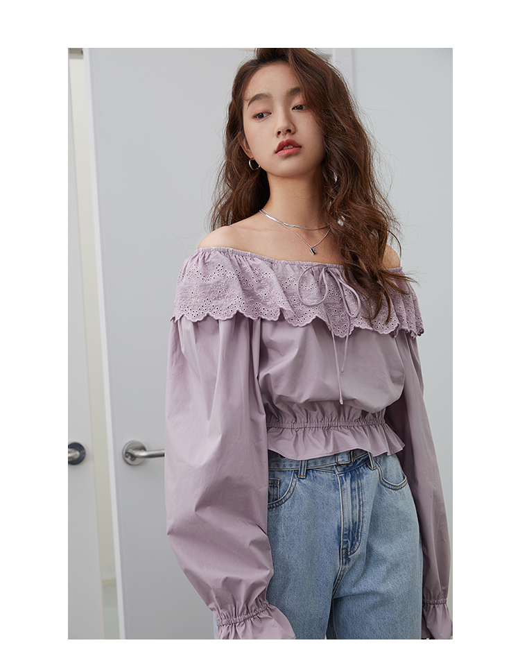 范思蓝恩早秋新款法式锁骨方领上衣一字肩温柔荷叶边衬衫女黄色l