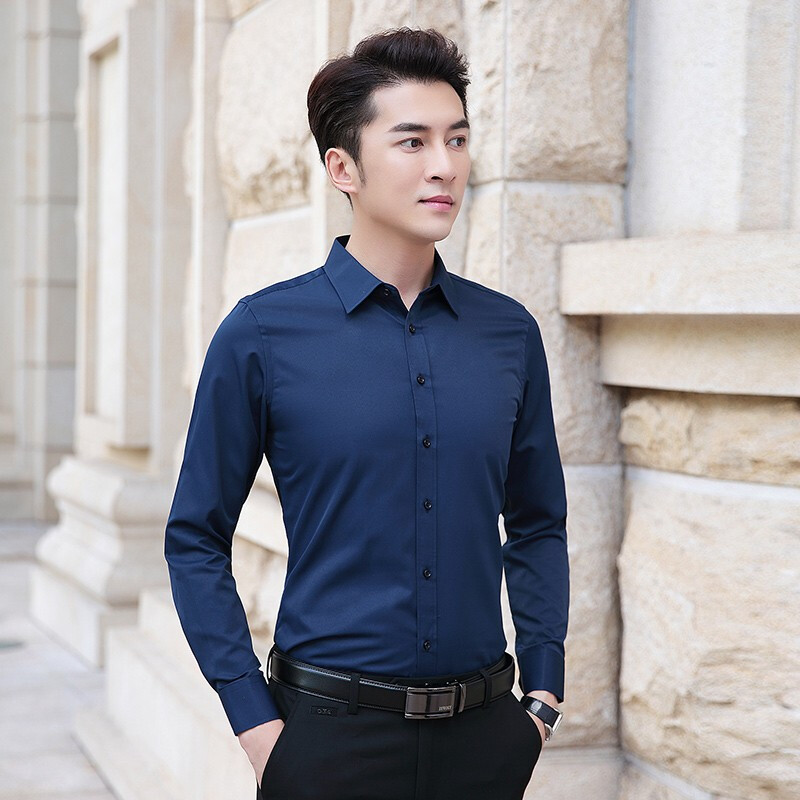 男2021春夏新款时尚修身百搭打底衫纯色外套商务休闲长袖男士白衬衫