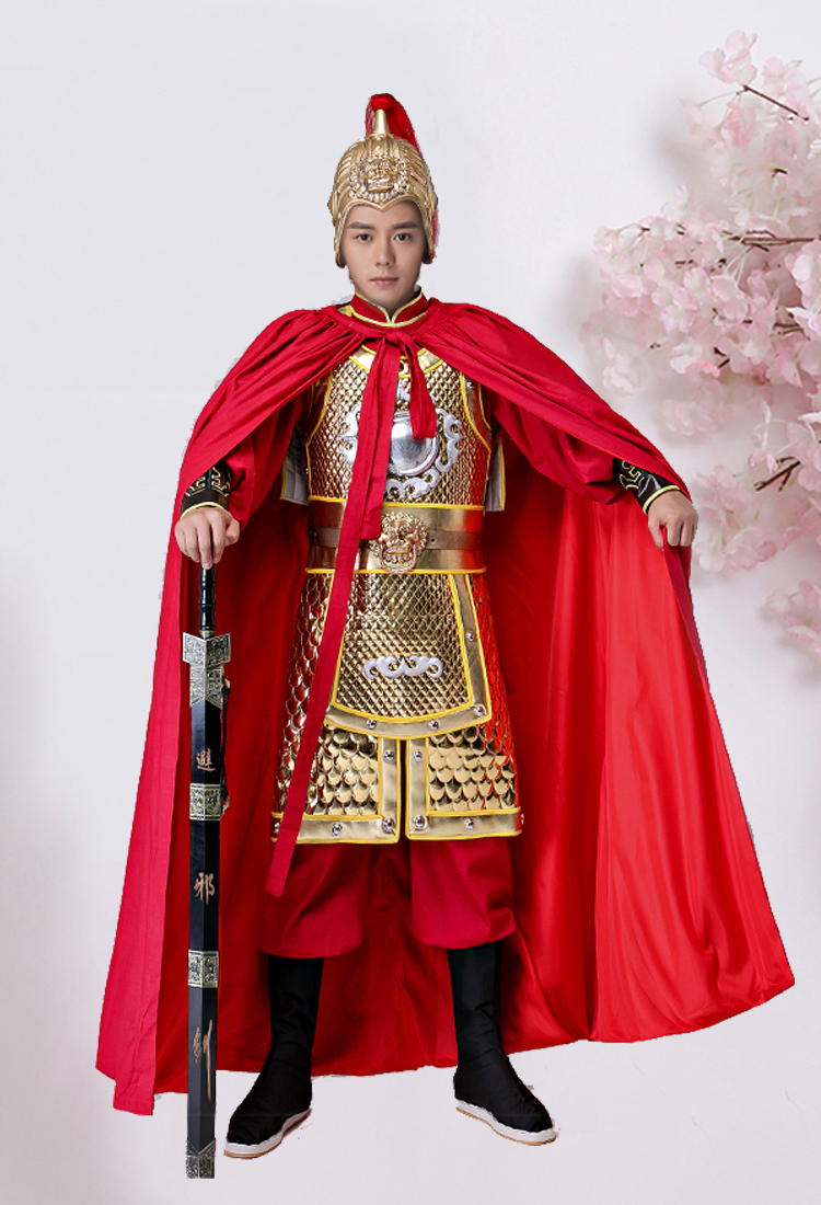 锁子甲古装男款古代盔甲将军大帅大将戏服岳飞演出服装金色铠甲披风