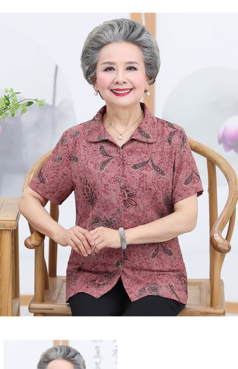 老奶奶短袖带领奶奶装中老年人妈妈有领上衣太太老人夏天衣服橘色l90