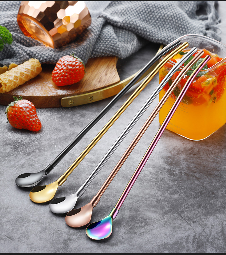 日本吸管勺子 吸管勺子两用创意金属铁奶茶环保饮管304