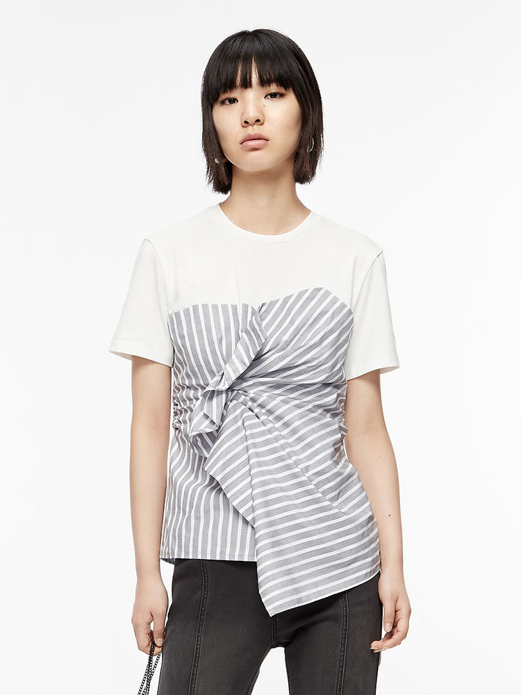 moco春季新品解构捏褶纯棉拼接条纹上衣mbo1topt02 摩安珂 灰白条色 l