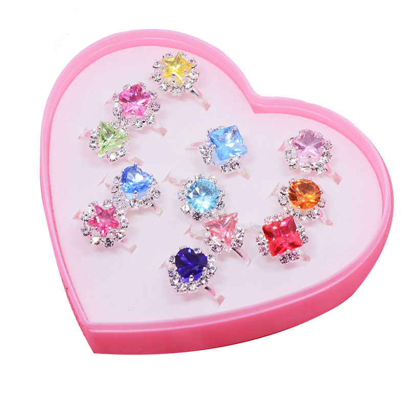 韩版可爱儿童女孩水晶戒指卡通动物饰品镶钻公主指环生日盒装礼物 12