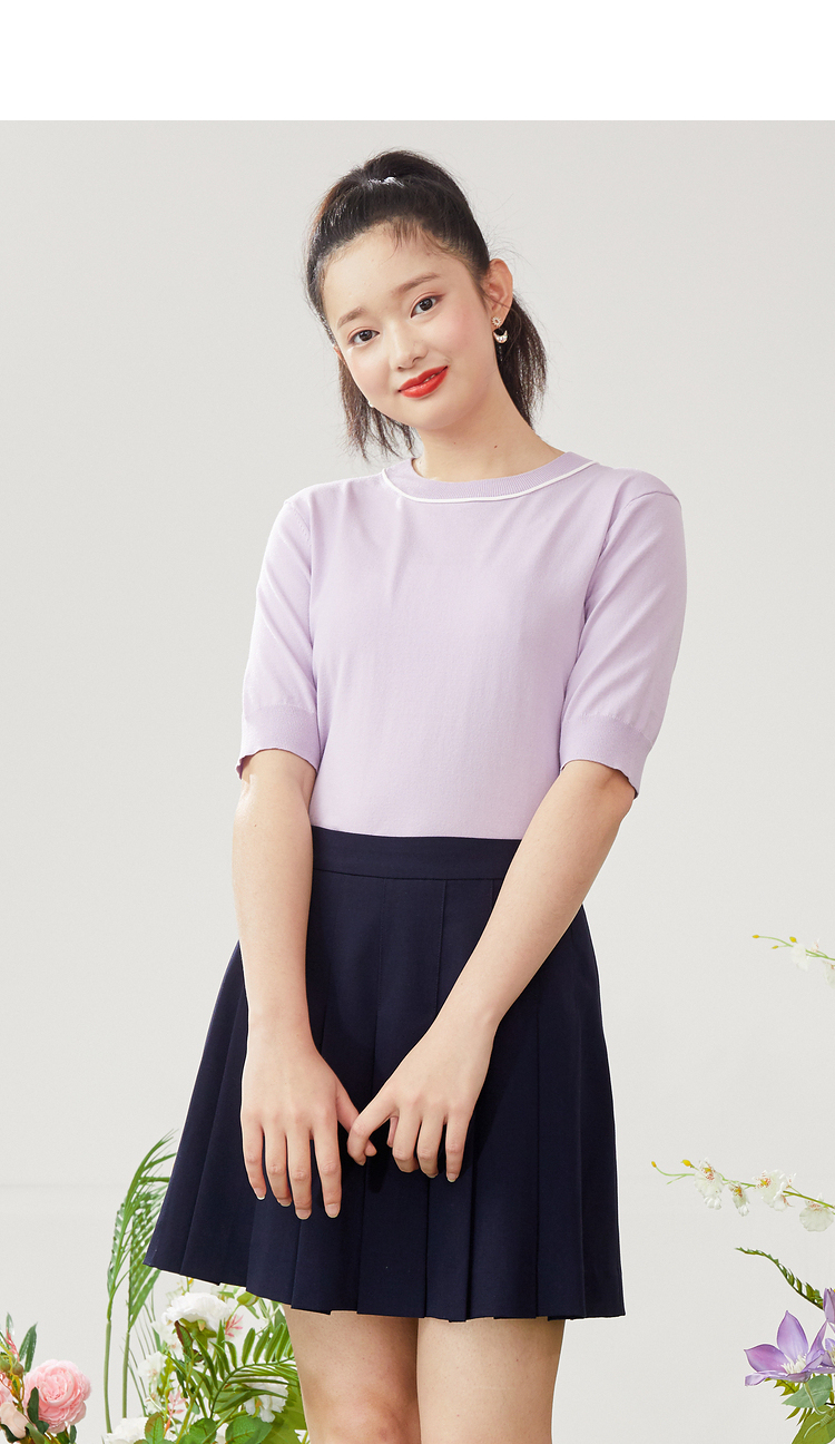 eland衣恋官方集团依恋女装早春季衣服上衣圆领纯色短袖针织衫女通勤