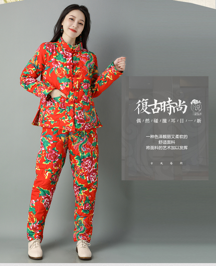 东北花棉袄女大花布衣服棉衣棉裤套装冬加厚盘扣民族风棉袄女冬季棉服