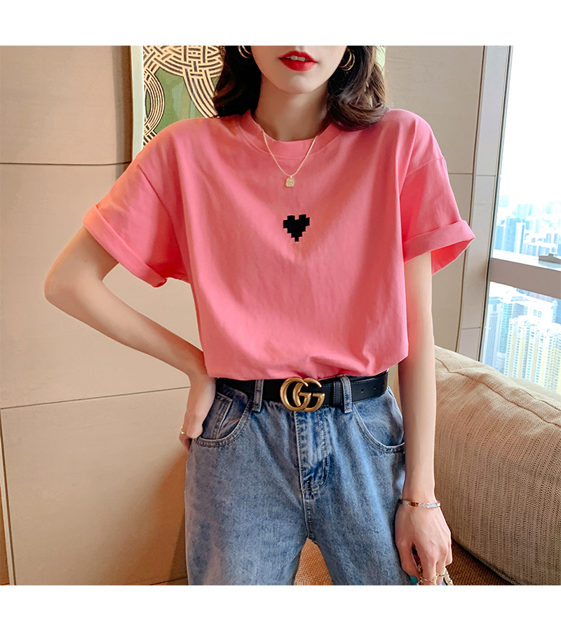 鮀品短袖t恤女夏季新款宽松圆领打底衫爱心刺绣半袖纯色上衣8011粉色s