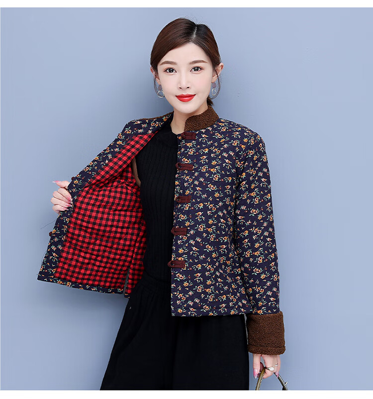 bmoi民族风复古碎花棉袄中式盘扣棉服女加棉加厚外套唐装女中国风棉衣