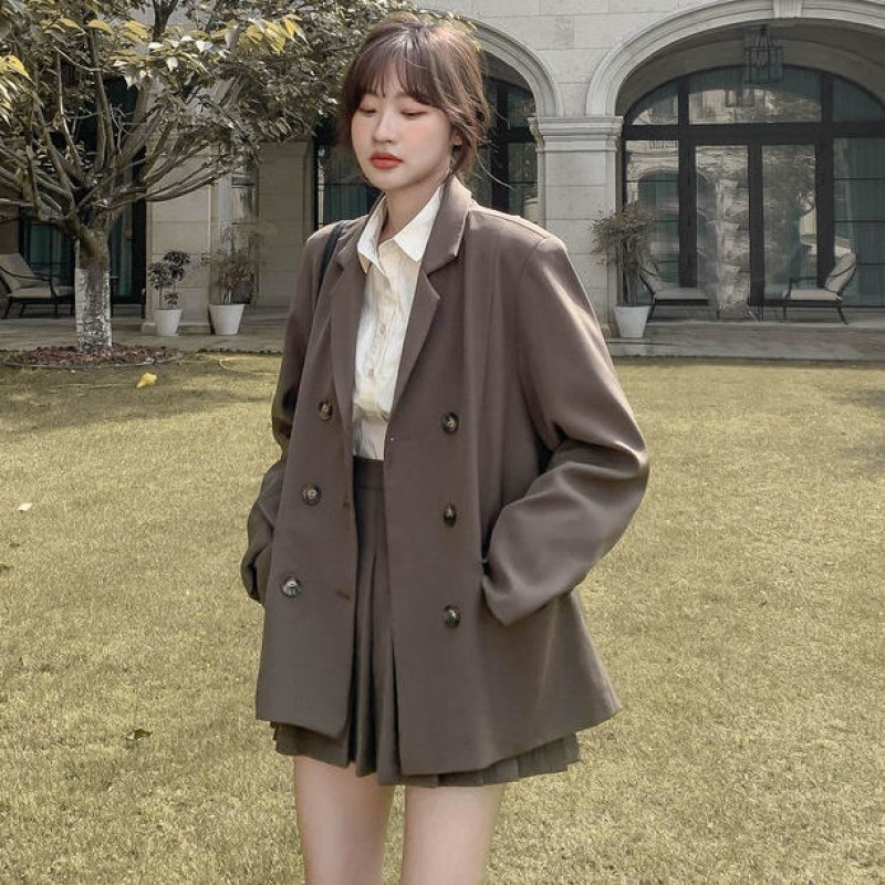 小西装外套女夏西装百褶裙套装女夏季新款学生宽松百搭西服外套短裙套