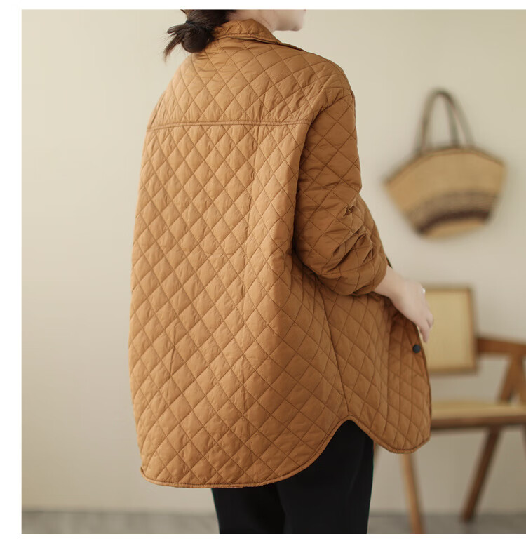 子牧棉麻2022秋冬装新款 女文艺翻领长袖轻薄棉中长款菱格压线百搭