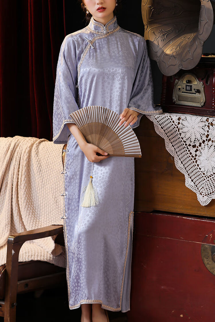 开瑶2021年夏季子民国风复古倒大袖手工扣宽松旗袍年轻款浅蓝梨洛r2