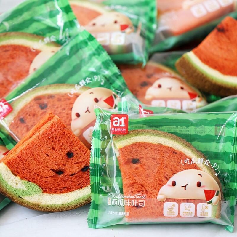 a1食研究所夹馅西瓜味吐司面包夹心片整箱早餐吃营养学生小食5包西瓜