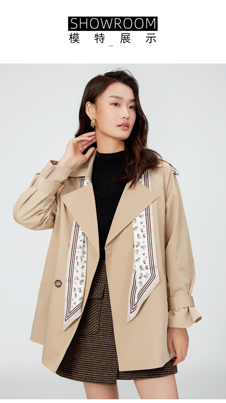 阿依莲风衣女小个子英伦风西装领薄款秋冬新款2021外套中长款 卡其 l