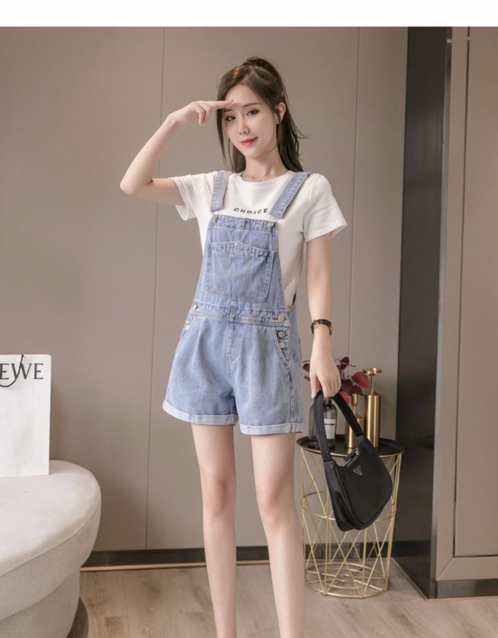 韩版宽松百搭牛仔背带裤短款夏天女裤时尚显瘦小个子卷边连体裤子学生