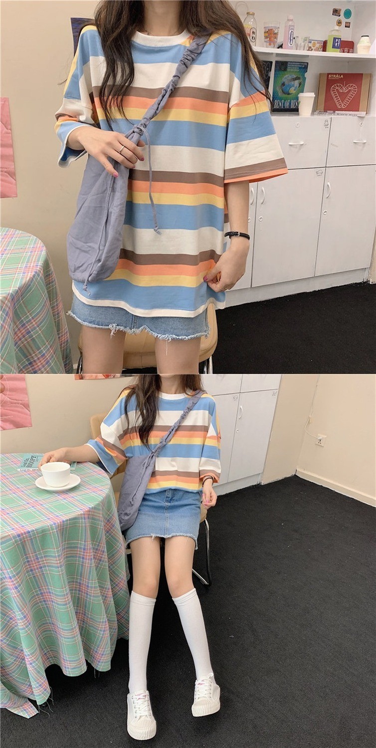贤语泫雅风条纹短袖t恤女夏中长款学生韩版宽松bf风ins半袖中袖上衣潮
