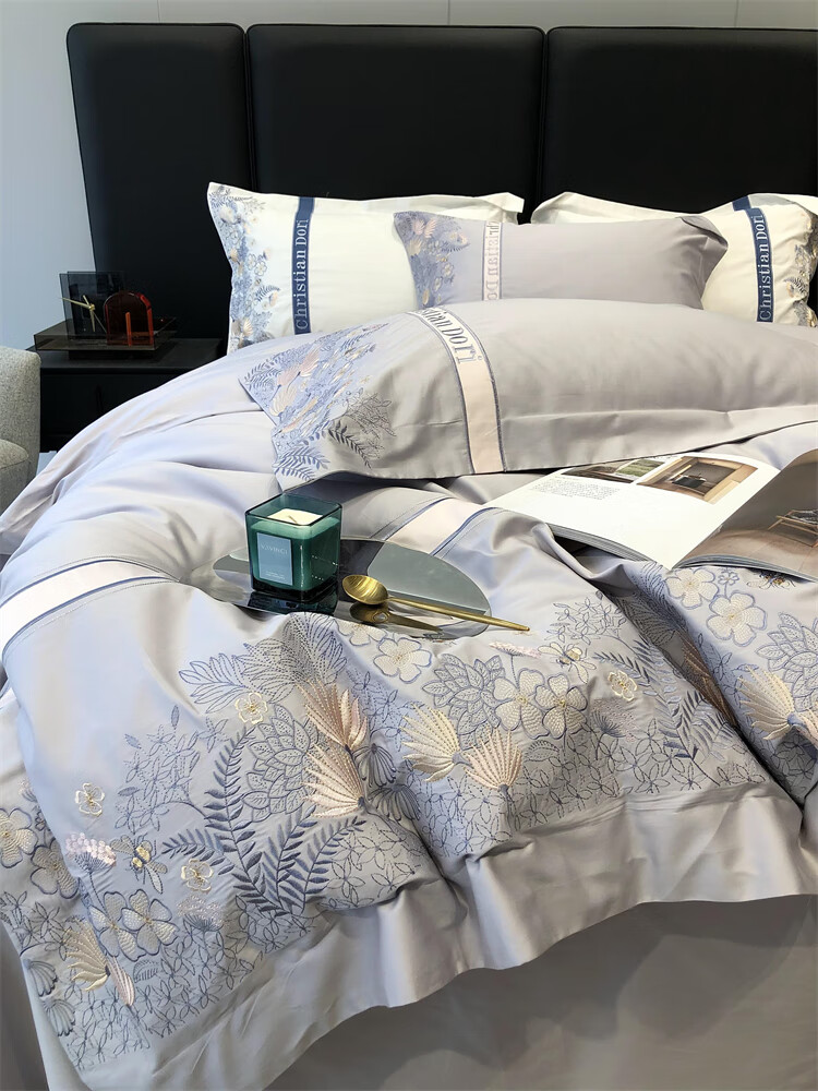 老裁缝家纺四件套高端轻奢100支长绒棉四件套简约美式花卉刺绣四季款