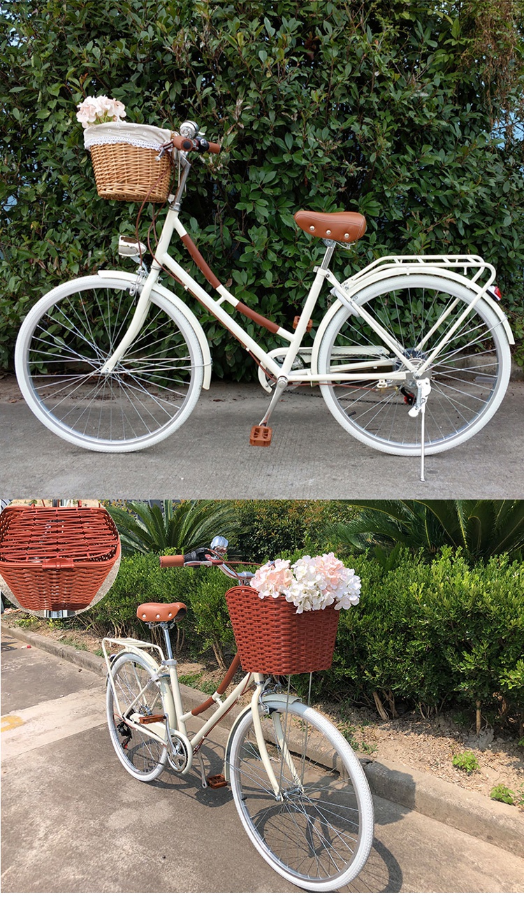 2426寸变速女式复古自行车成人文艺淑女士网红通勤单车白色白胎标花篮