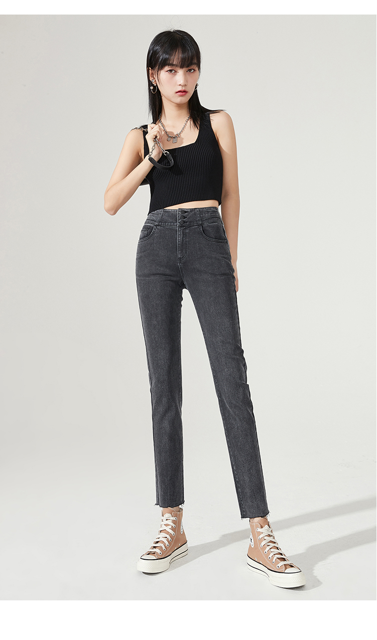 逸阳女裤烟灰色直筒牛仔裤女2021春季新款宽松高腰显瘦烟管小脚裤子女