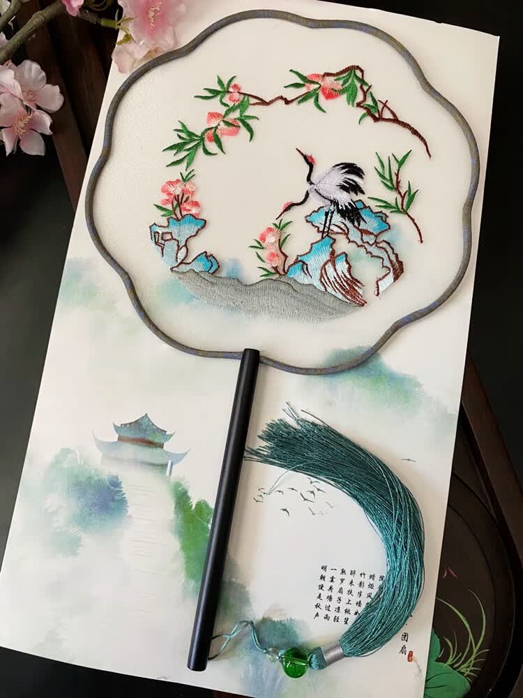 中国复古刺绣花团扇古典圆扇古代汉服古风长柄流苏旗袍跳舞蹈扇子红尘