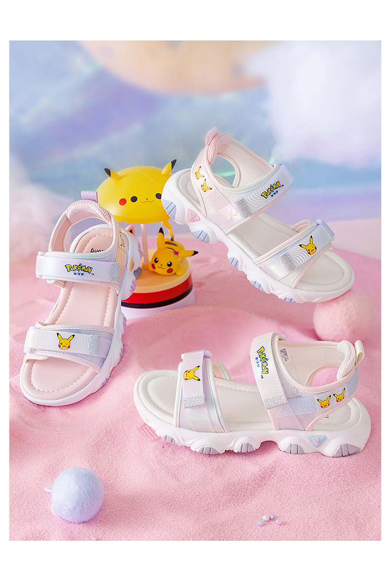 牧童宝可梦联名款女童凉鞋夏季新款皮卡丘卡通可爱小女孩沙滩鞋 灰/粉