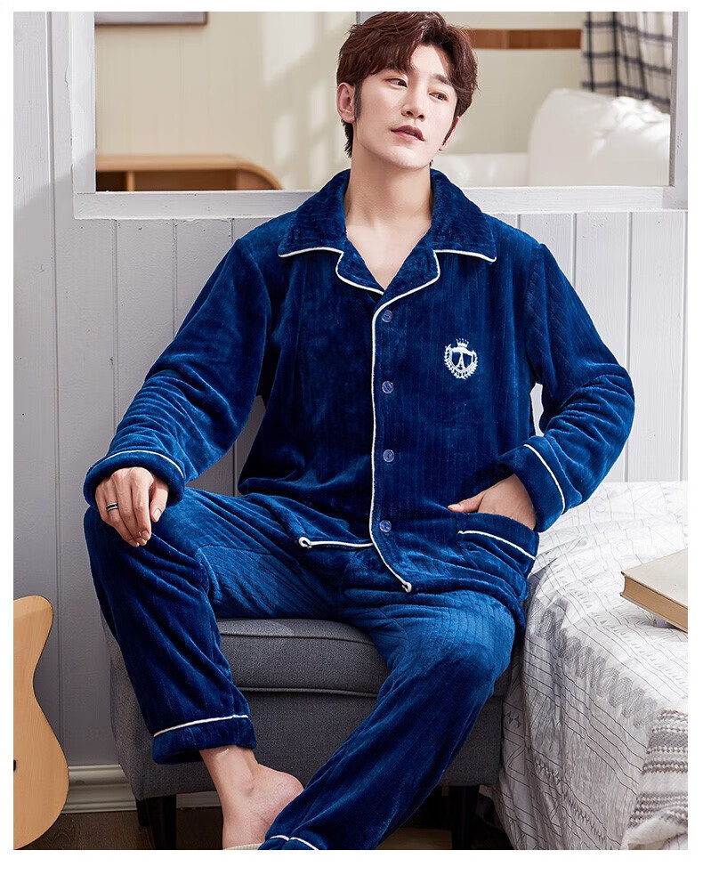 ck 冬季睡衣男珊瑚绒加厚加绒男士开衫法兰绒秋冬款家居服春秋套装