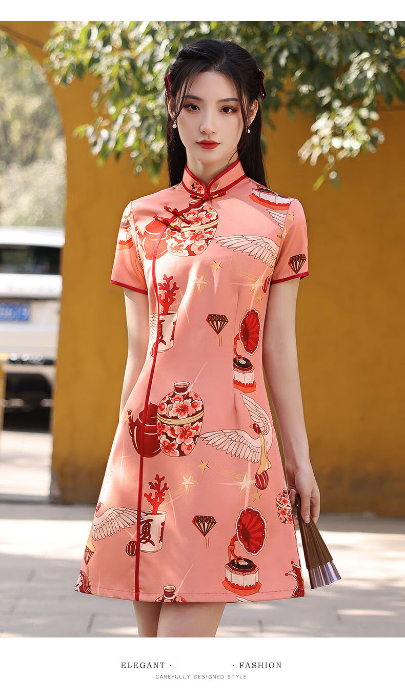 彩木夏改良旗袍2021年新款女夏季年轻款少女日常可穿大花连衣裙国潮短