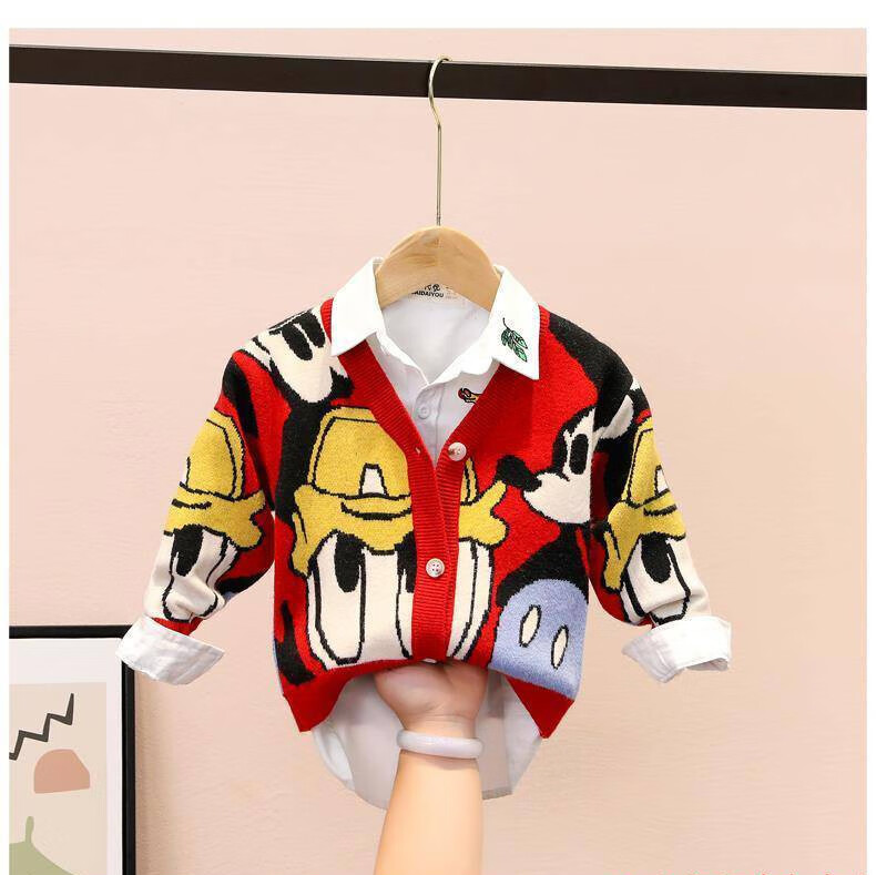 毛衣开衫男女童韩版卡通线衣中小童洋气宝宝针织外套红色kf7米老鼠