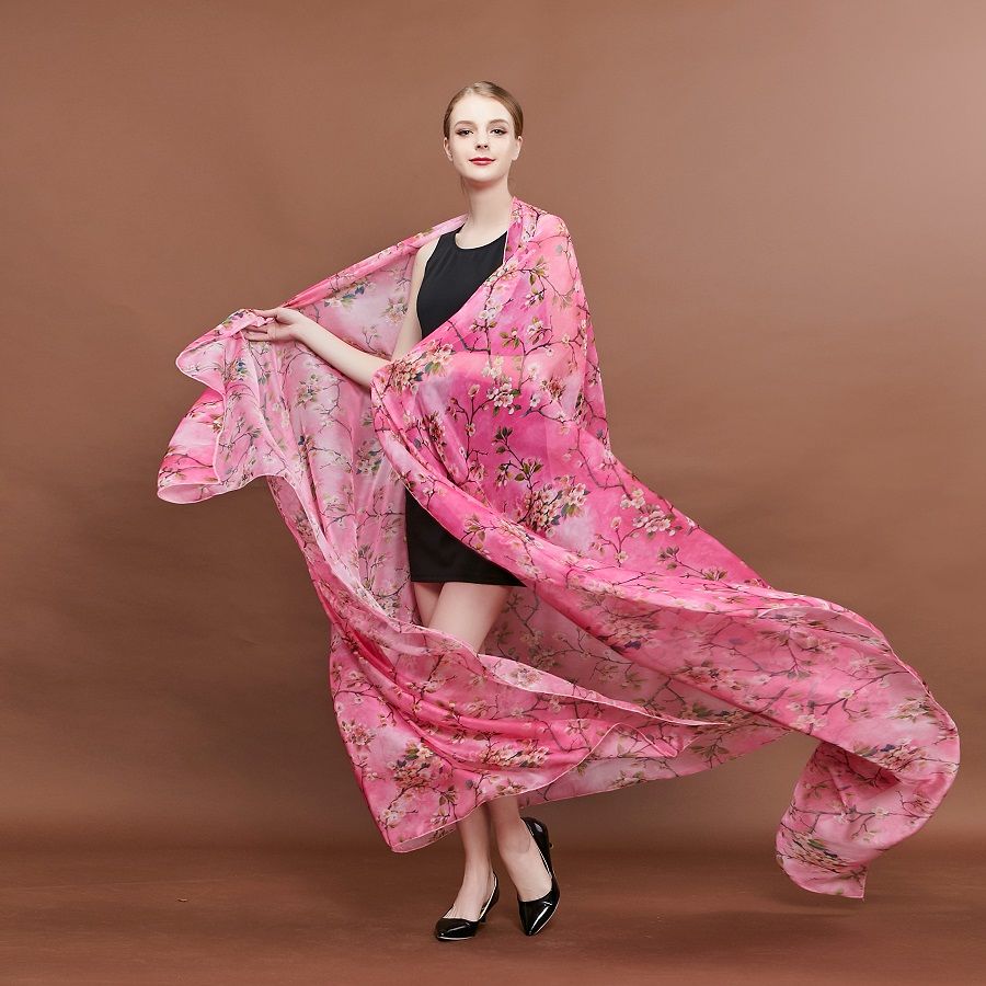 3米x15米丝巾女夏季长款印花沙巾防晒沙滩巾百搭披肩雪纺纱巾橘色大红