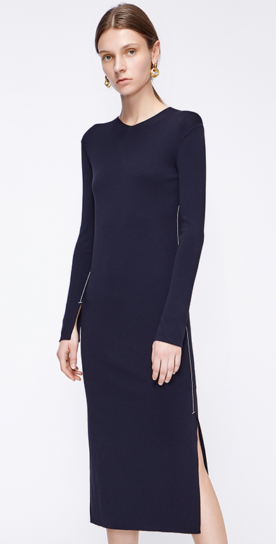 edition针织连衣裙女修身显瘦小v领侧开衩毛织裙 深宝蓝色 s/160