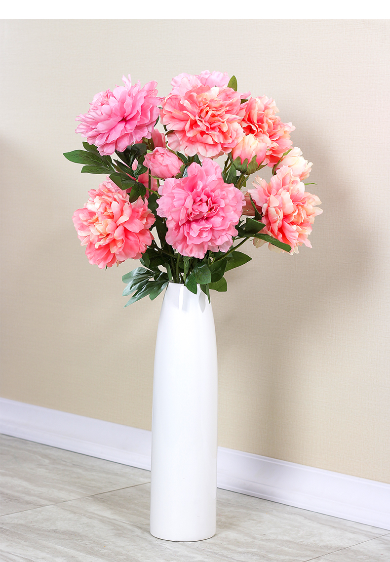 牡丹仿真花假花摆件客厅绢花瓶落地装饰餐桌花束摆设插干花直筒陶瓷