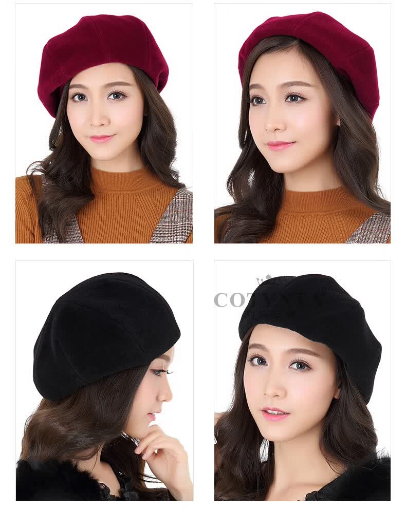 科蒂尼塔品牌贝雷帽子女时尚秋冬天羊毛呢蓓蕾帽冬季绒百搭韩版潮流黑