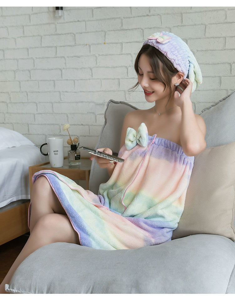 浴袍秋冬款浴巾女裹胸抹胸浴裙可穿成人宿舍学生韩版可爱浴袍吸水不