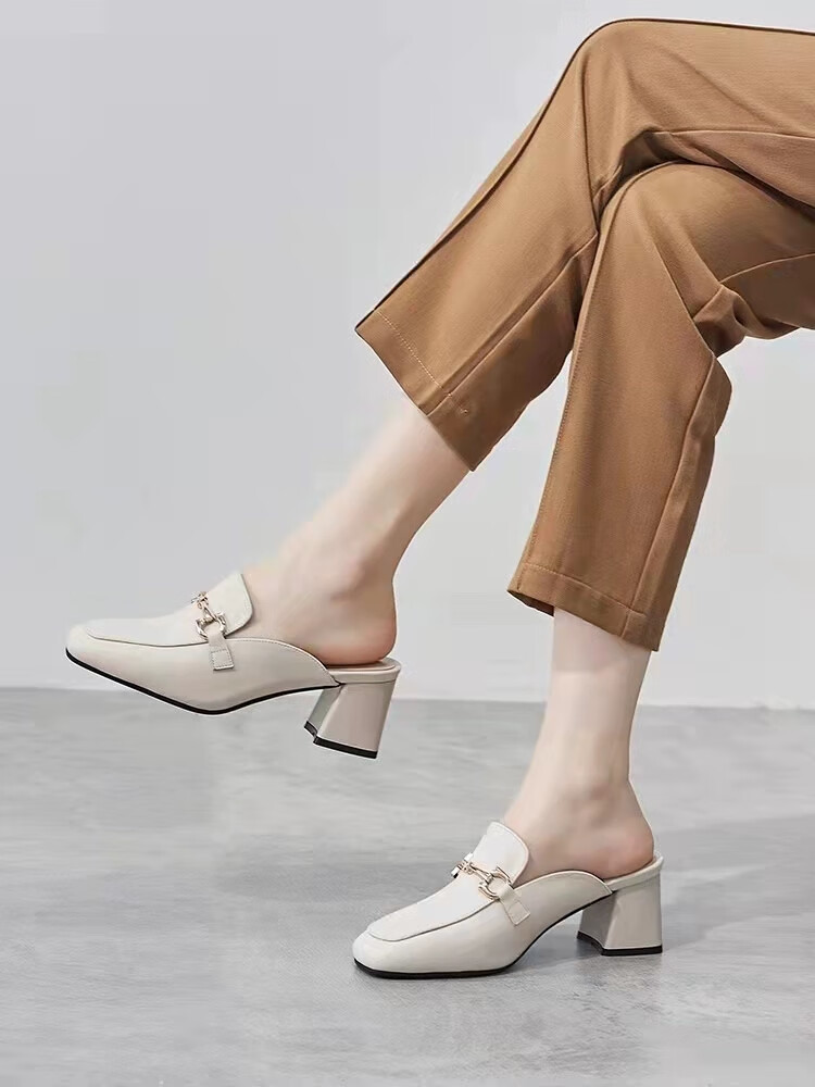 无后跟女式皮鞋半托女鞋外穿单鞋没有后跟的鞋子粗跟高跟鞋包头半拖鞋