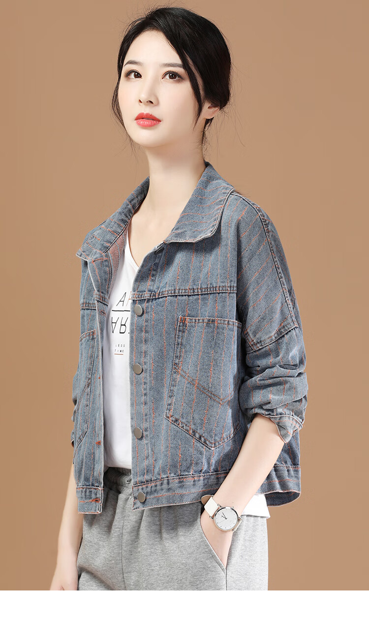 韩潮袭人2021年春装新款复古条纹牛仔外套女宽松棒球服 橘蓝条 l