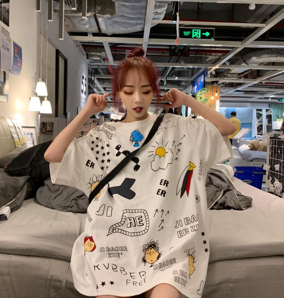 原宿bf风宽松学生短袖上衣韩版涂鸦半袖中长款ins超火t恤女夏季潮