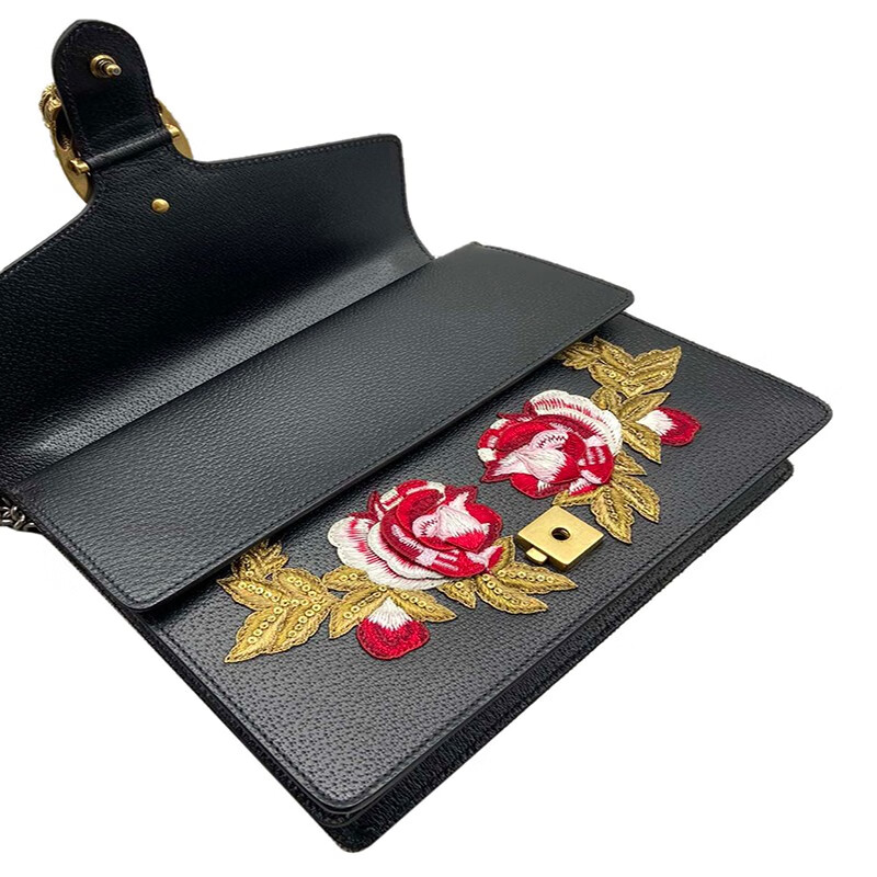 【奢华】gucci/古驰 限量秀款刺绣牛皮酒神包斜挎包at 黑色 30*22*10