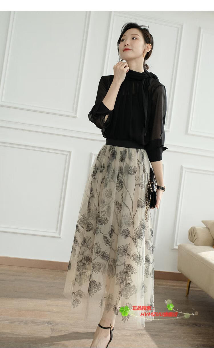 轻奢女装半身裙纱裙女2021春夏新款双层网纱褶皱高腰水墨印花蓬蓬中