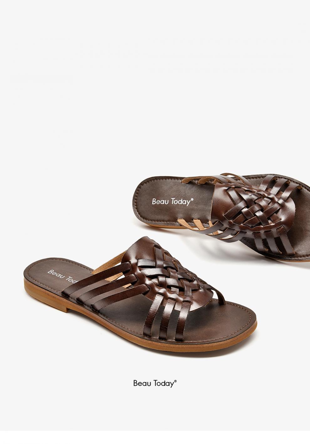 beautoday夏季新款罗马拖鞋女鞋低跟百搭外穿平底鞋凉鞋头层牛皮皮胚